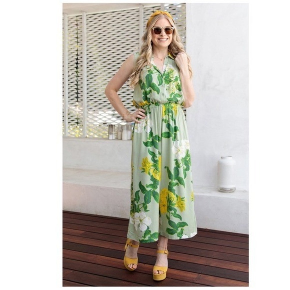Lularoe Sleeveless Green Floral Wide-Leg Jumpsuit